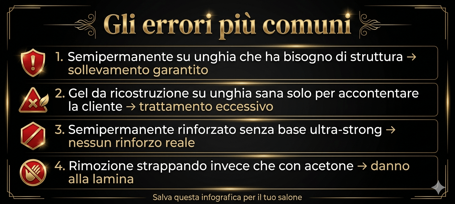 Infografica sugli errori più comuni nella scelta tra gel e semipermanente, con soluzioni tecniche per onicotecniche professioniste